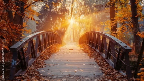 beautiful bridge with the sun in the background in a park in autumn in high resolution and high quality photo