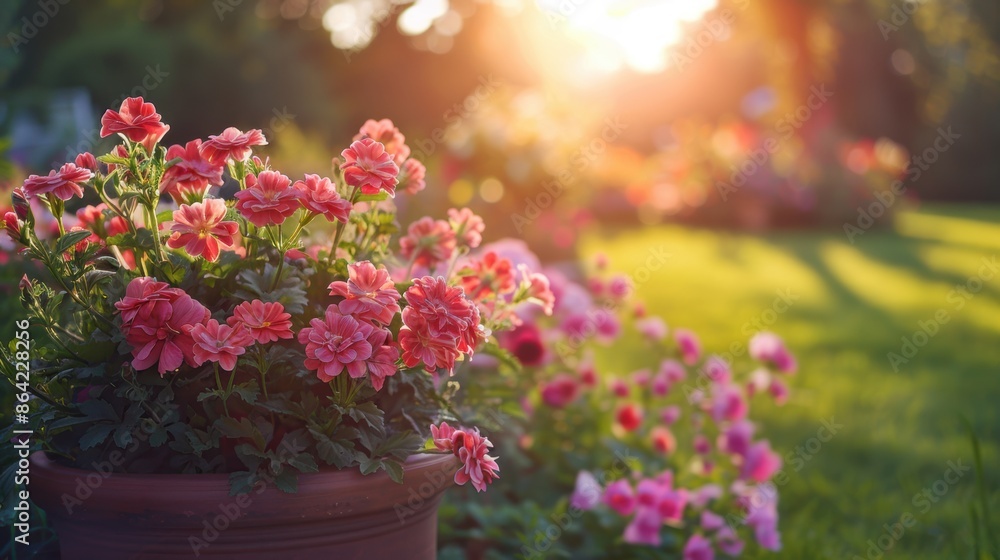 Bright pink flowers in a terracotta pot bask in warm morning sunlight, creating a vibrant and peaceful garden scene. Bright pink flowers in a terracotta pot bask in warm morning sunlight, creating a vibrant and peaceful garden scene.