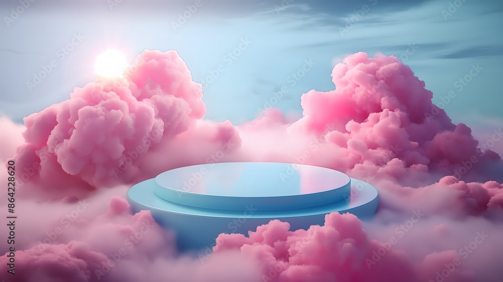 A blue circular podium set on a bed of clouds, creating a dreamy and surreal atmosphere, perfect for showcasing products or presentations. A blue circular podium set on a bed of clouds, creating a dreamy and surreal atmosphere, perfect for showcasing products or presentations.