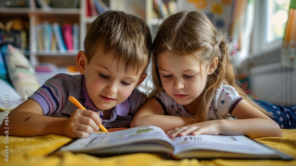 Happy brother and sister do homework together reading book on table in children room. helping child complete tasks. Support from brother to sister Happy brother and sister do homework together reading book on table in children room. helping child complete tasks. Support from brother to sister