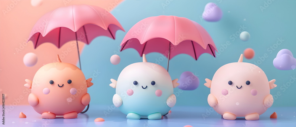 3D clay, Adorable clay a umbrella figures ,muted pastels, Blender 3d, colorful model and cute , kawaii umbrella model, dolls decorations 3D clay, Adorable clay a umbrella figures ,muted pastels, Blender 3d, colorful model and cute , kawaii umbrella model, dolls decorations