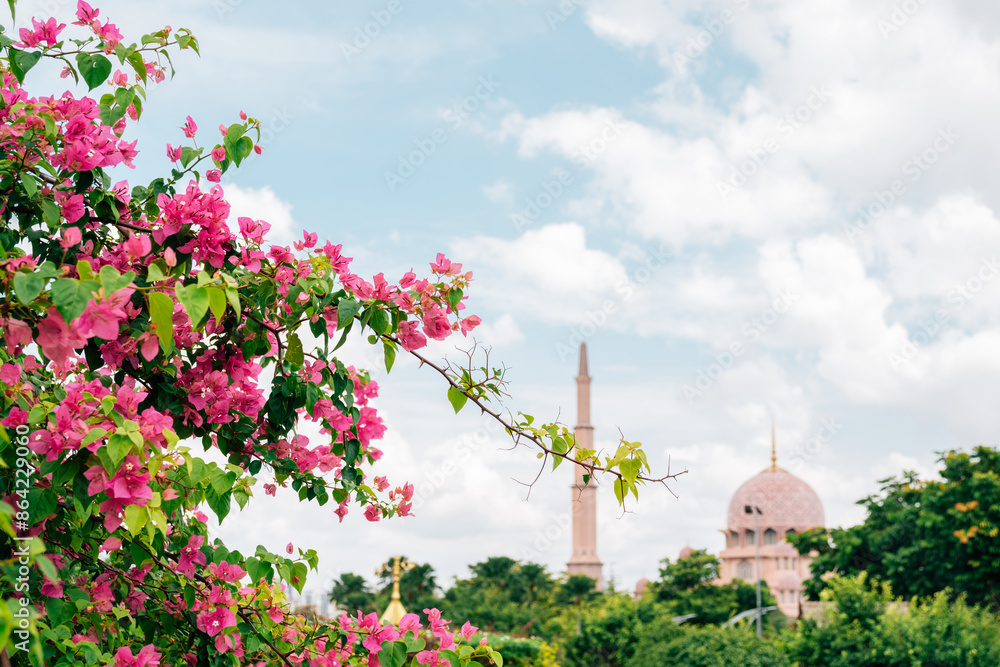 Masjid Putra Mosque with pink flower in Putrajaya, Malaysia