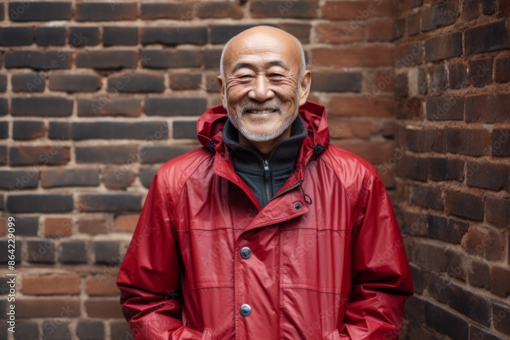 Portrait of a glad asian elderly 100 years old man sporting a waterproof rain jacket in vintage brick wall Portrait of a glad asian elderly 100 years old man sporting a waterproof rain jacket in vintage brick wall