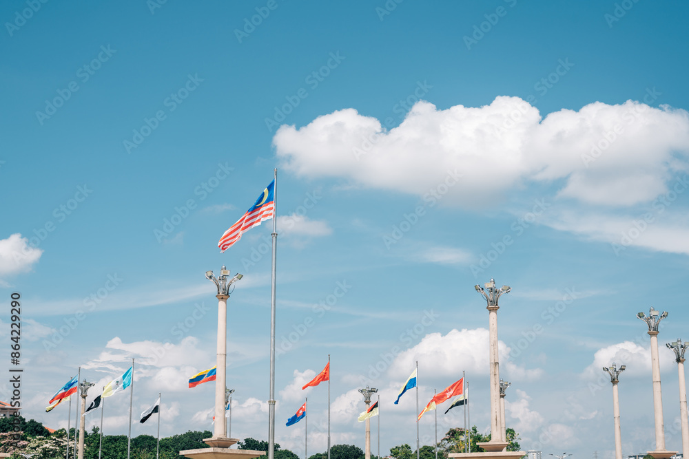 National flags at Masjid Putra Mosque Square in Putrajaya, Malaysia