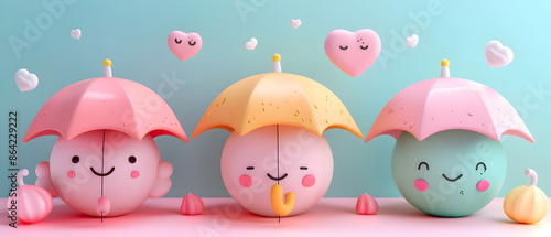 3D clay, Adorable clay a umbrella figures ,muted pastels, Blender 3d,  colorful model and cute , kawaii umbrella model, dolls decorations  © SJarkCube