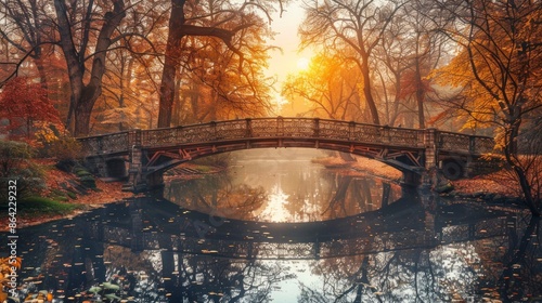 beautiful bridge with the sun in the background in a park in autumn in high resolution and high quality photo