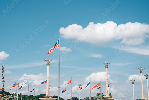 Obraz na płótnie National flags at Masjid Putra Mosque Square in Putrajaya, Malaysia w salonie