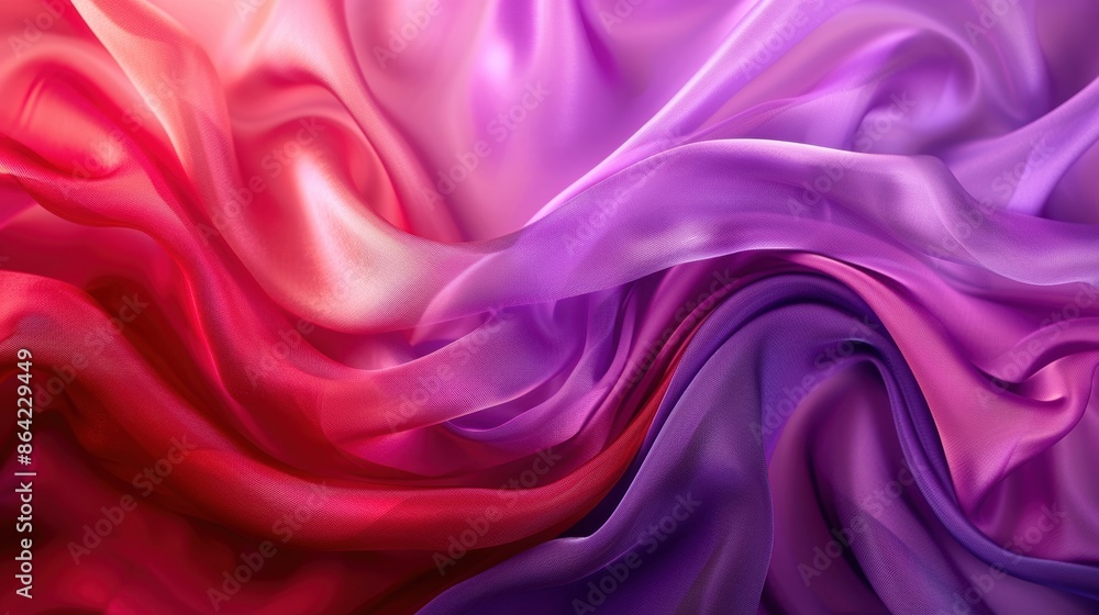 Fototapeta premium Close-up of satin fabric with a flowing gradient transitioning from red to purple, showcasing luxurious texture and color.