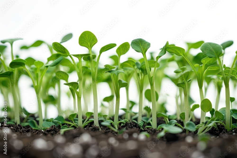 macro shot of tender green seedlings emerging from soil set against pure white background soft natural lighting emphasizes delicate details and creates negative space macro shot of tender green seedlings emerging from soil set against pure white background soft natural lighting emphasizes delicate details and creates negative space