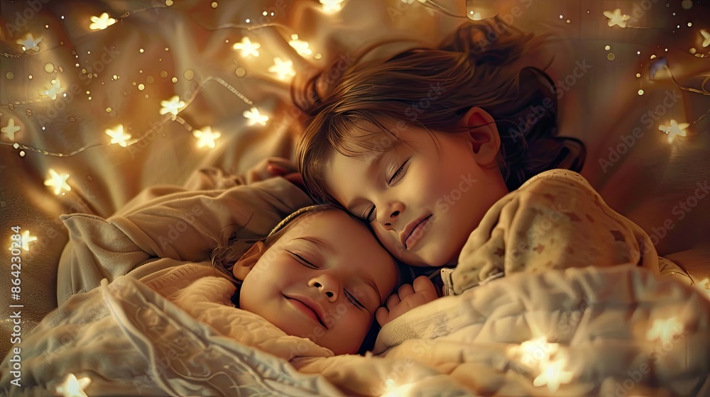 Happy children sleeps in a bed at home. sleep rest relax comfort. Mattress and bedding business banner Happy children sleeps in a bed at home. sleep rest relax comfort. Mattress and bedding business banner