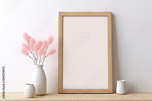 3D Rendering of Wooden Frame Mockup with Vase of Pink Flowers on Tabletop. Modern Interior Design with White Wall Background