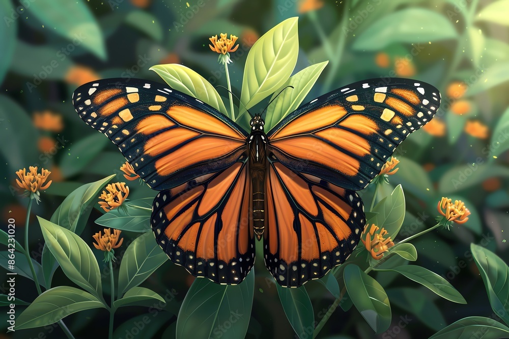 Fototapeta premium Monarch butterfly on a milkweed plant, sunny afternoon, detailed closeup of orange wings against green leaves, capturing natural patterns and textures, photorealistic style