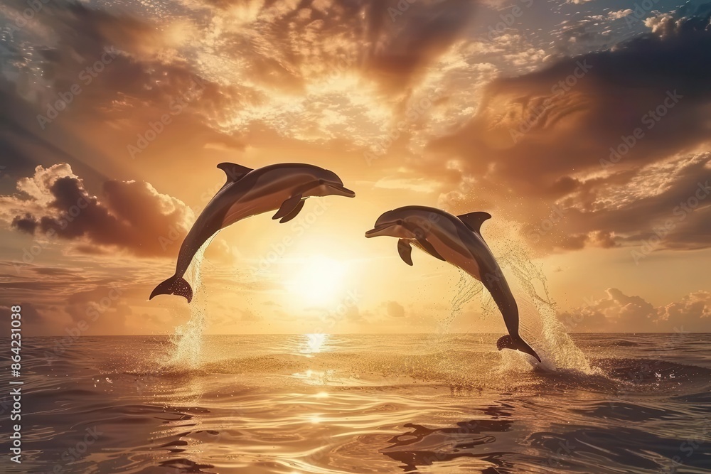 majestic dolphins leaping from iridescent ocean at sunset silhouettes against fiery sky spray catching golden light majestic dolphins leaping from iridescent ocean at sunset silhouettes against fiery sky spray catching golden light