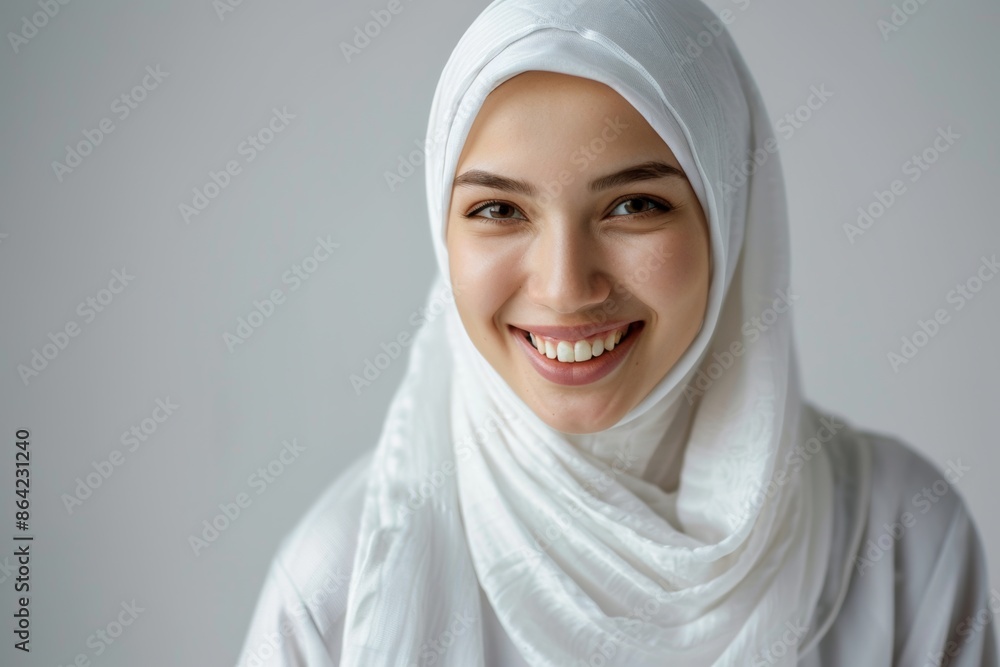 Adorned in a white hijab, a smiling young woman poses gracefully in a studio, her joyous expression capturing hearts. Experience her infectious happiness. Adorned in a white hijab, a smiling young woman poses gracefully in a studio, her joyous expression capturing hearts. Experience her infectious happiness.