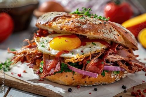 Delicious pulled pork sandwich with fried egg, fresh vegetables, and herbs on a rustic wooden board, perfect for a hearty meal. photo