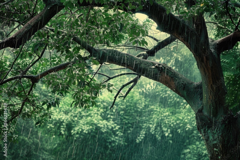 Fototapeta premium Wide Tree. Majestic Big Tree in Rainforest with Lush Green Leaves
