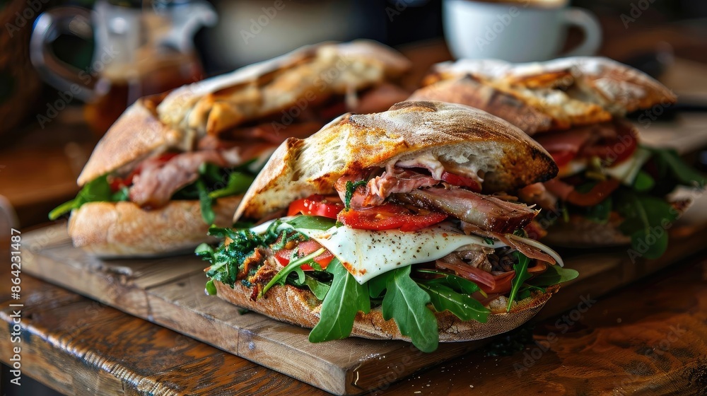 Close-up of delicious gourmet sandwiches with fresh ingredients on wooden board, perfect for a culinary or food blog post. Close-up of delicious gourmet sandwiches with fresh ingredients on wooden board, perfect for a culinary or food blog post.