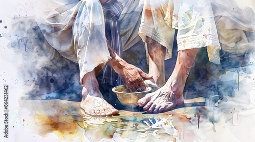 Jesus washing apostle feet in watercolor painting close up view.