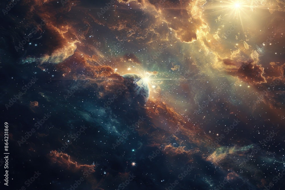 Fototapeta premium Outer Space Fantasy. Stunning Nebula Background with Glowing Stars and Planets