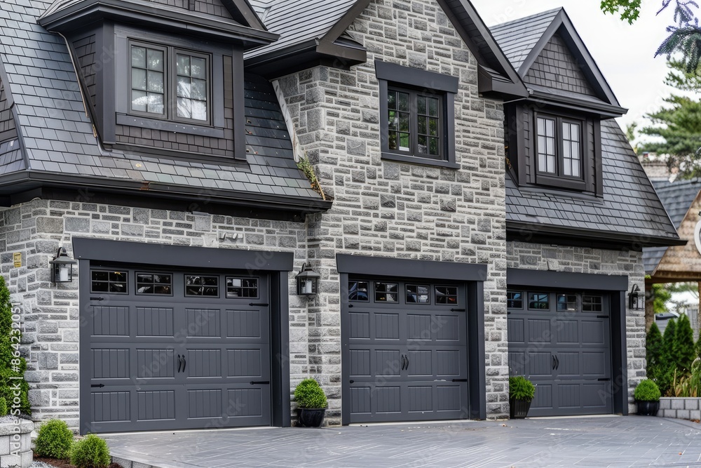 A home s exterior showcasing gray double garage doors and a stone wall with plenty of copy space for images A home s exterior showcasing gray double garage doors and a stone wall with plenty of copy space for images