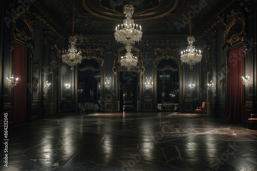 Haunted Gothic Castle Ballroom with Aristocratic Ghosts and Chandeliers