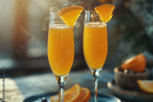 Classic mimosa or bellini cocktails in flute glasses, perfect for brunch, with champagne, and ample copy space