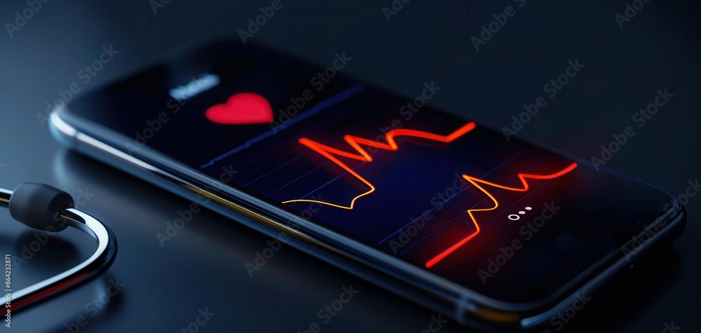 Smartphone with health app displaying heart rate monitor, stethoscope beside, reflecting modern technology and healthcare concept. Smartphone with health app displaying heart rate monitor, stethoscope beside, reflecting modern technology and healthcare concept.