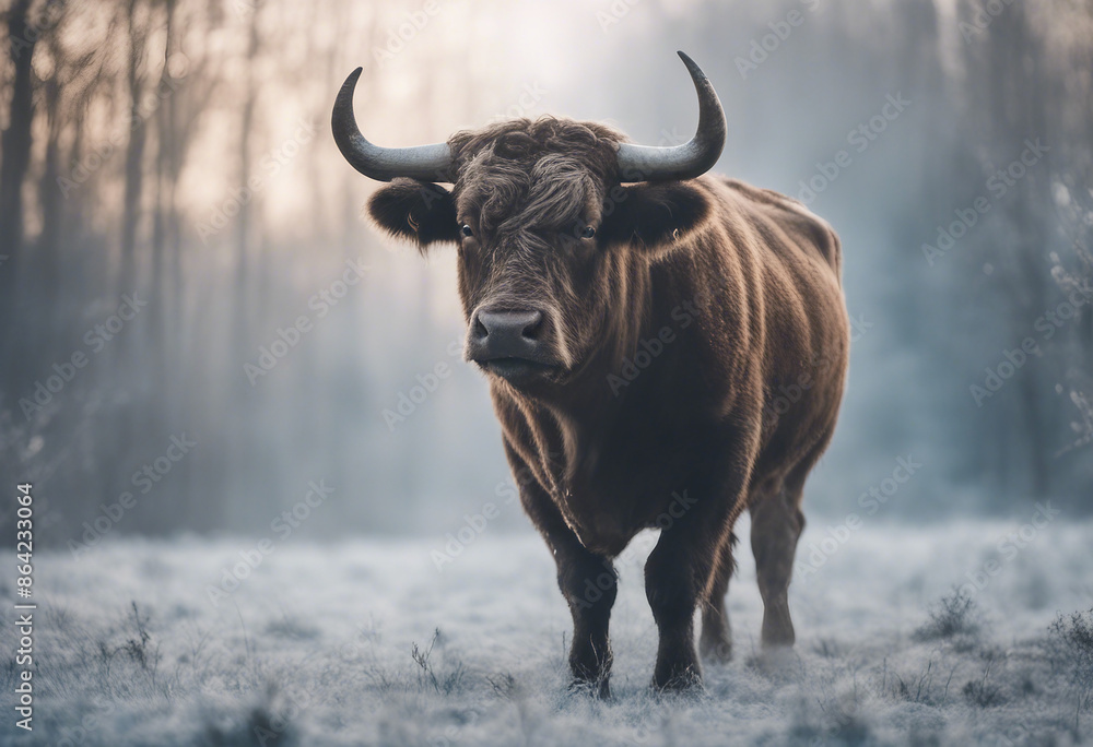 Portrait of a highland cattle in the frost of a winter morning. smoke coming out of its nose, copy space for text. Portrait of a highland cattle in the frost of a winter morning. smoke coming out of its nose, copy space for text.