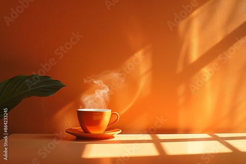 Warm orange background, shadow of a cup of coffee, cozy and inviting mood with hints of steam and morning light