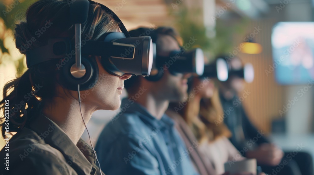 Group of people wearing VR headsets, experiencing a virtual reality session in a modern setting, highlighting technology and immersion. Group of people wearing VR headsets, experiencing a virtual reality session in a modern setting, highlighting technology and immersion.