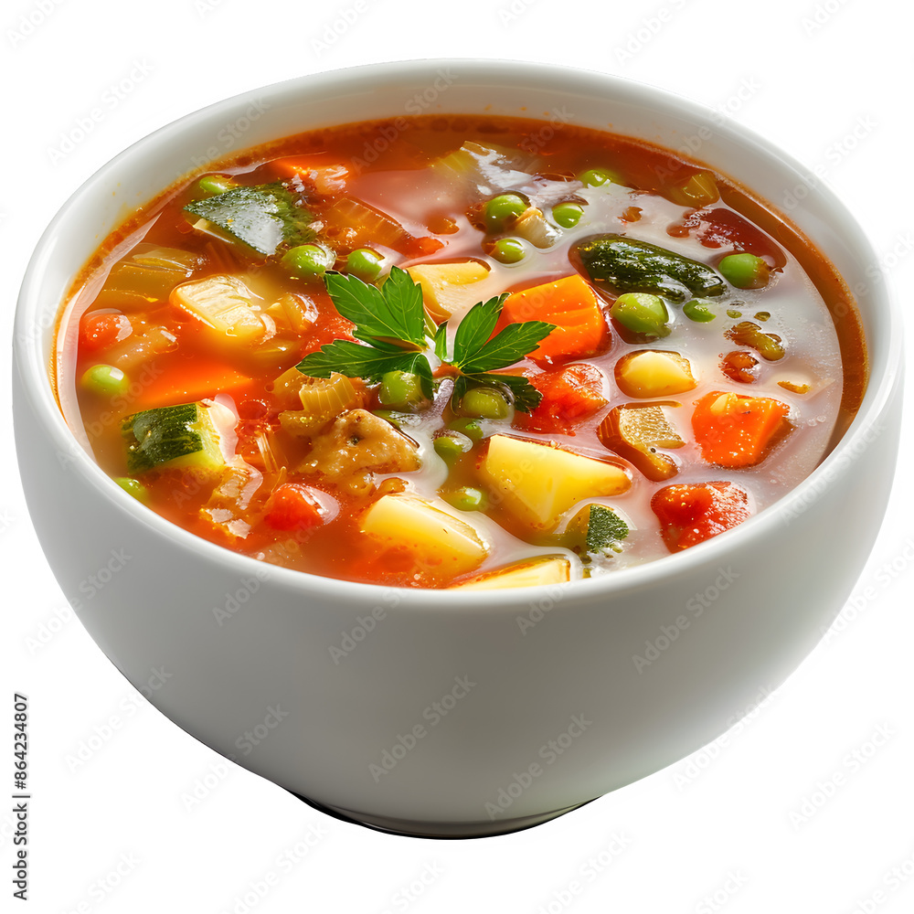 Hearty vegetable soup in white bowl on transparent background Hearty vegetable soup in white bowl on transparent background