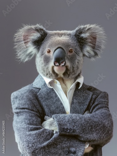 Ambitious and Determined Koala Bear Dressed in a Formal Business Suit and Tie,Carrying a Briefcase,Symbolizing Unconventional Corporate Leadership and Career Success photo