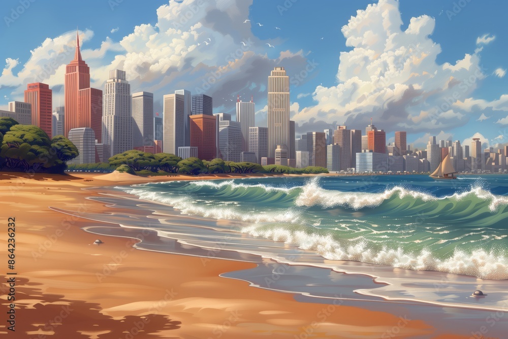 Naklejka premium Digital Painting of a Coastal Cityscape