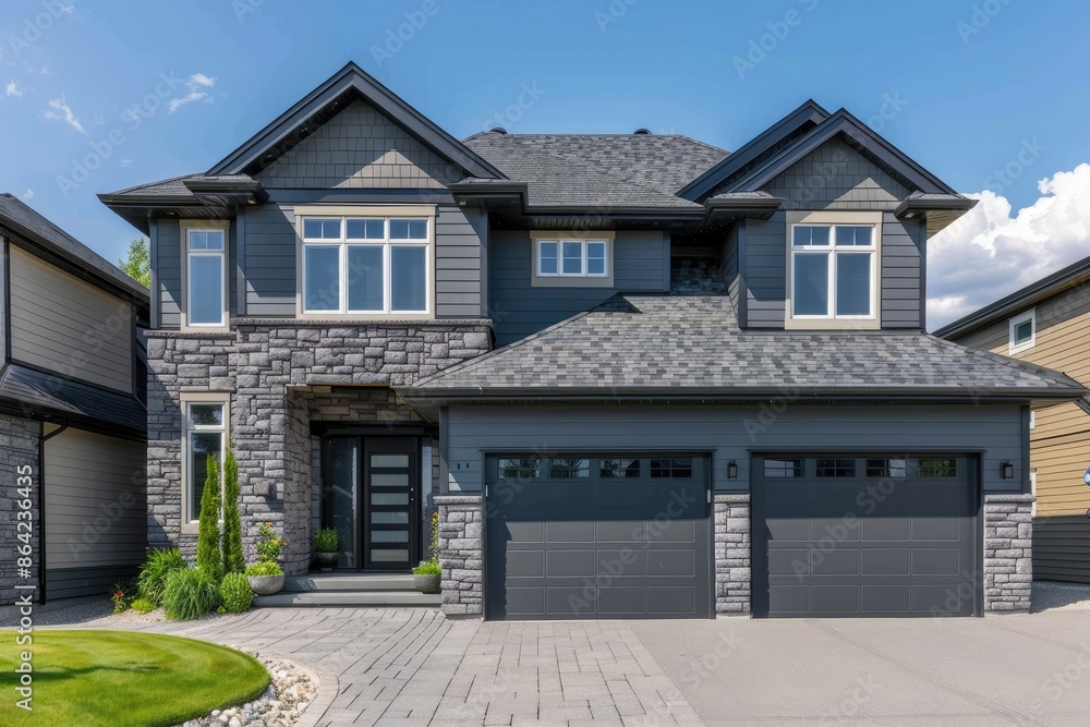A home s exterior showcasing gray double garage doors and a stone wall with plenty of copy space for images A home s exterior showcasing gray double garage doors and a stone wall with plenty of copy space for images