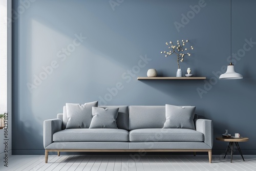 Discover the minimalist charm of Scandinavian interiors as a grey sofa complements a blue wall adorned with a shelf, epitomizing modern living room design.