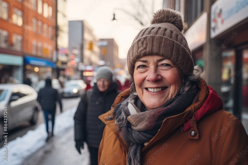 Portrait of a happy woman in her 60s dressed in a warm ski hat while standing against busy urban street Portrait of a happy woman in her 60s dressed in a warm ski hat while standing against busy urban street