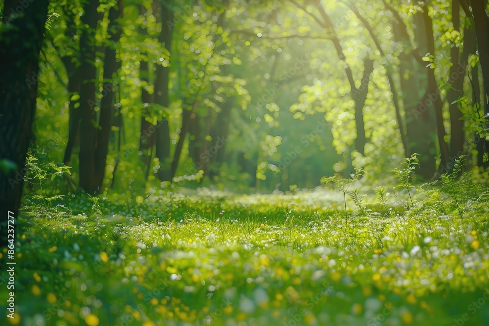 Fototapeta premium Beautiful green summer forest. Spring background, backdrop