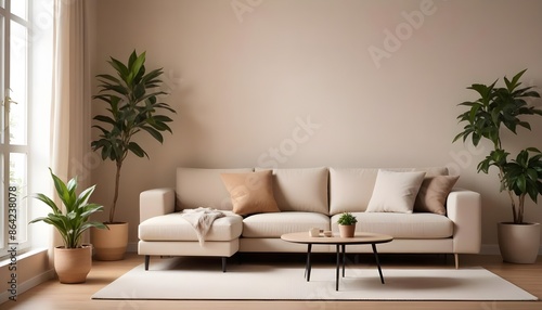 Couch in a Modern Living Room with Potted Plants and Natural Light