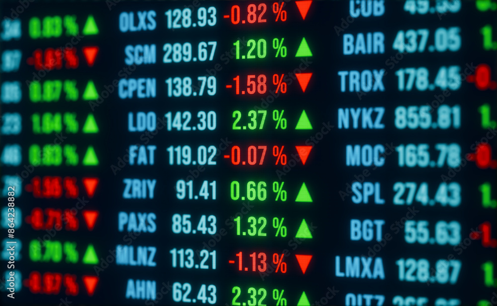 Trading board with stock market prices, positive and negative percentage changes. Business, stock exchange, market data, trading and investment concept. 3D animation Trading board with stock market prices, positive and negative percentage changes. Business, stock exchange, market data, trading and investment concept. 3D animation