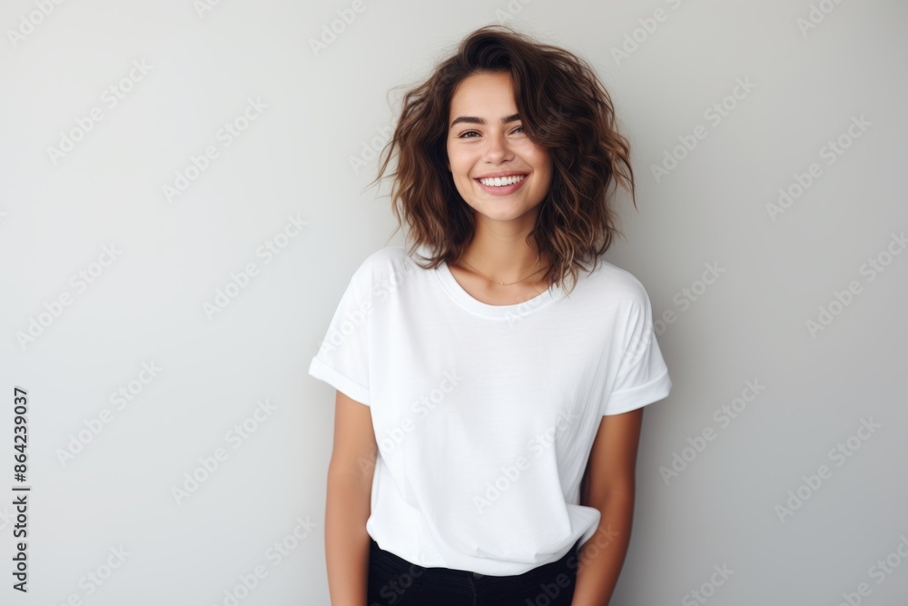 Portrait of a cheerful woman in her 30s dressed in a casual t-shirt over modern minimalist interior Portrait of a cheerful woman in her 30s dressed in a casual t-shirt over modern minimalist interior