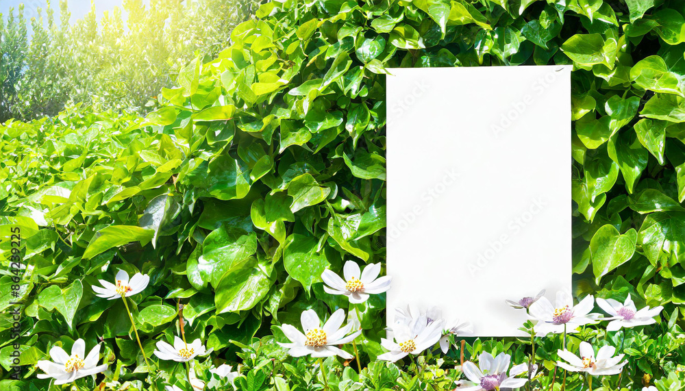 White billboard on spring summer green leaves background White billboard on spring summer green leaves background