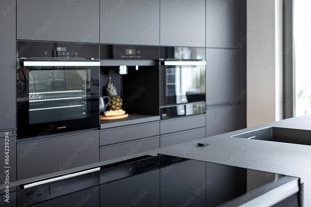 The modern kitchen boasts sleek grey counters, complemented by a built-in oven and electric stove, offering both style and functionality for culinary endeavors The modern kitchen boasts sleek grey counters, complemented by a built-in oven and electric stove, offering both style and functionality for culinary endeavors