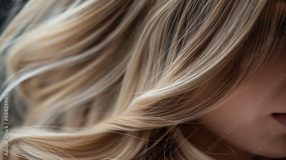 Naklejka premium Close-up of flowing blonde hair with natural highlights, beautiful wavy hairstyle, silky smooth texture, healthy and shiny locks, stylish look, hair care and beauty, professional styling