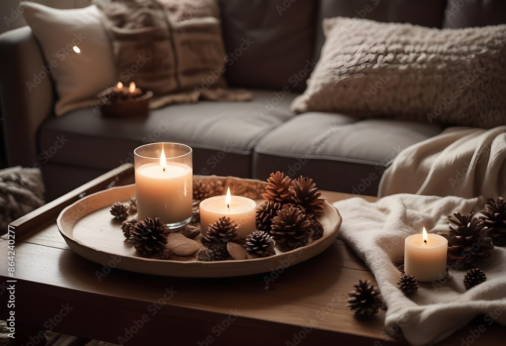 Details of a still life in a cozy home's living room. a serving platter with a cup of tea and candles. Read and take a nap. Details of a still life in a cozy home's living room. a serving platter with a cup of tea and candles. Read and take a nap.