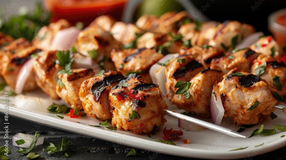 Grilled chicken skewers with herbs and onions on a white plate, garnished with cilantro and served as a delicious dish. Grilled chicken skewers with herbs and onions on a white plate, garnished with cilantro and served as a delicious dish.