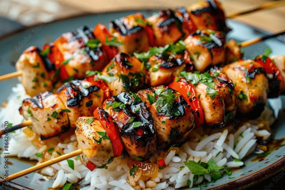 Delicious grilled chicken skewers with vegetables on a bed of white rice, garnished with herbs. Perfect for a summer meal or barbecue. Delicious grilled chicken skewers with vegetables on a bed of white rice, garnished with herbs. Perfect for a summer meal or barbecue.