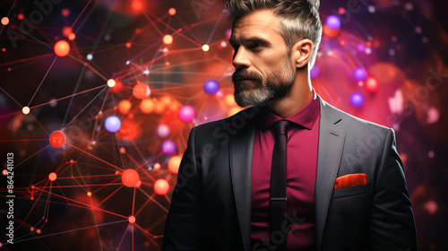 A bearded respectable businessman in formal suit on bright creative background with global connection and communication symbols.