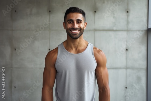Wallpaper Mural Portrait of a grinning indian man in his 30s donning a trendy cropped top isolated on modern minimalist interior Torontodigital.ca