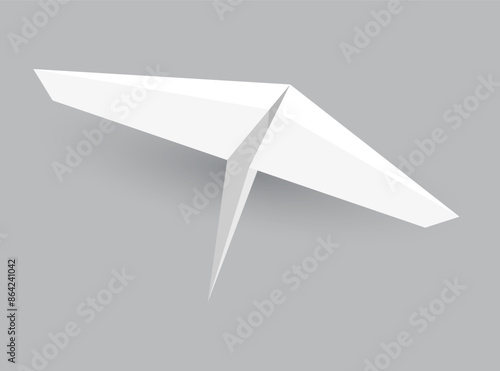 Paper plane model. Origami handmade aircraft view. Vector white paper airplane with shadow, isolated on gray background