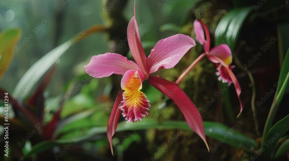 Pink and Yellow Orchid Blossom in Lush Green Foliage Pink and Yellow Orchid Blossom in Lush Green Foliage